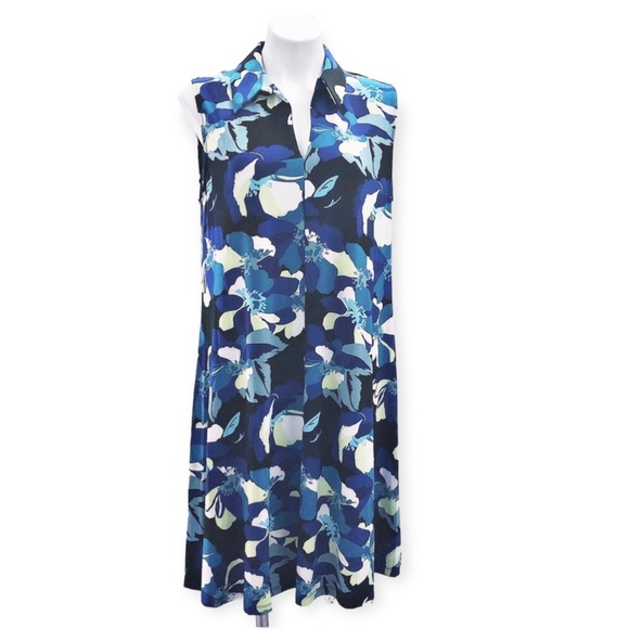 Nine West Shirt Dress Printed Trapeze Mini, Blue Black Multi Size 14 NEW - Picture 2 of 11